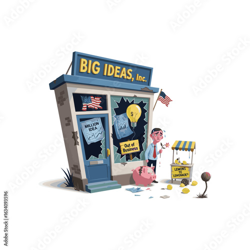 A cartoon of a failed business with broken windows and a man next to a lemonade stand looking sad.