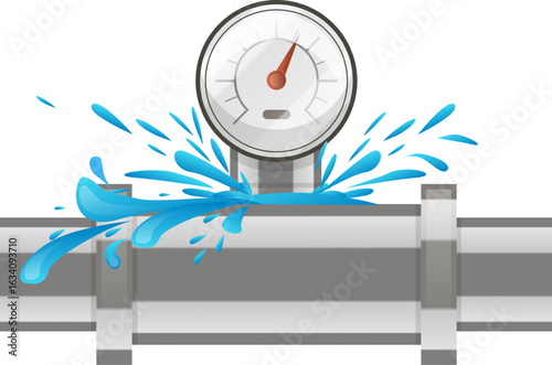 Water leaking from a damaged pipe with a pressure gauge indicating high pressure, highlighting the concept of plumbing emergencies and water damage