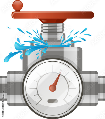 Water leaking from industrial valve with pressure gauge measuring high pressure, suggesting a critical failure in plumbing system requiring immediate attention and repair
