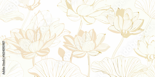 Elegant gold line art lotus flowers on white background