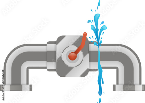 Water is leaking and splashing from a metallic plumbing pipe next to a valve with a red lever, representing water damage and plumbing issues