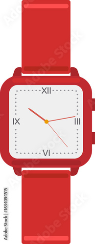 Modern red wristwatch featuring elegant Roman numerals displays the current time against a clean white background, creating a simple yet stylish flat vector illustration