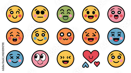 Collection of Colorful Emoji Expressions Depicting Various Emotions and Feelings Communication Symbols
