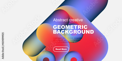 Abstract geometric shapes, vibrant colors, modern design. Text overlay includes geometric background, plus sample text, button. Clean aesthetic.