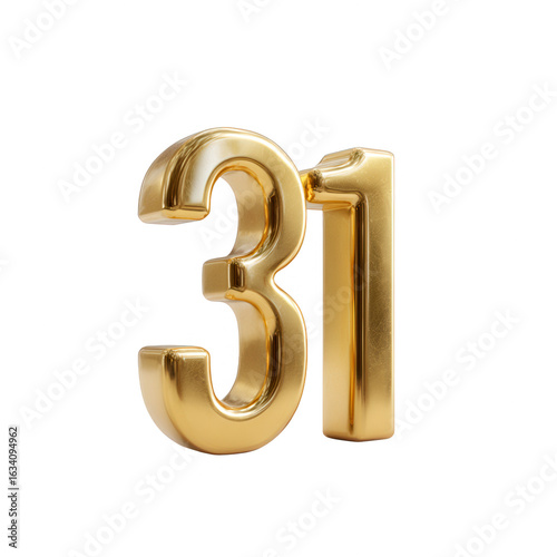 A shiny, gold number 31 on a white isolated background, perfect for various graphic design projects, events, or as a decorative element.