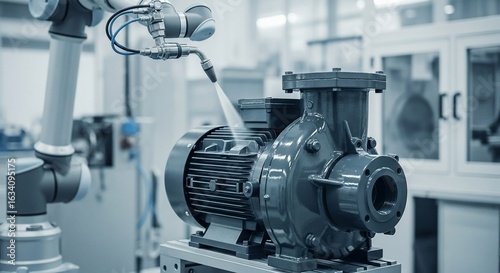 Robotic Arm Cleaning Industrial Pump in Factory Setting, Automated Process