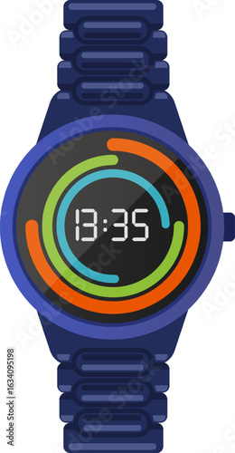 Digital watch displaying 13,35 with colorful activity rings, indicating fitness tracking and time management features in a sleek, modern design