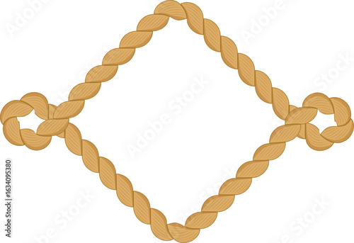 Thick, textured twisted rope forms a rhombus or diamond shape with elaborate knots at each vertex, creating a frame or border against a white background