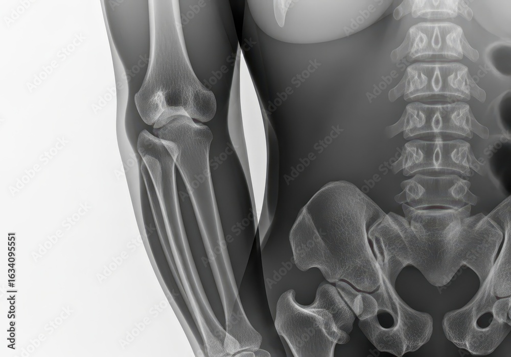 Medical X-ray view of human bones, including forearm, elbow joint, and pelvic structure. Medical X-ray view of human bones, including forearm, elbow joint, and pelvic structure.