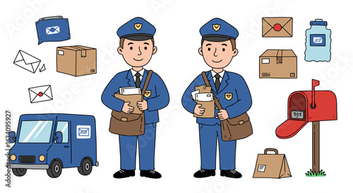 Cheerful Mailmen and Delivery Related Elements: A Cartoon Styled Collection
