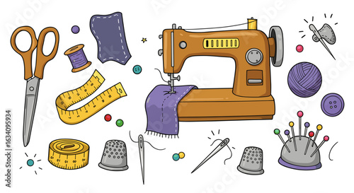 Charming cartoon illustration of sewing equipment with brown sewing machine and related accessories