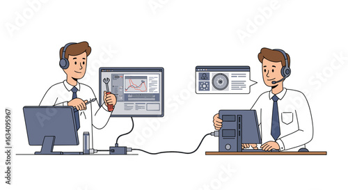Collaborative IT Support: Two Technicians Troubleshooting a Computer System with Shared Visualization