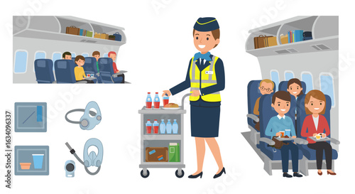 Cartoon style air travel scene depicting flight attendants and passengers on an airplane.