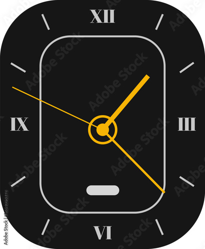 Modern black clock showing seven o'clock with yellow hands and roman numerals, isolated on white background, representing time management, punctuality, and the passage of time