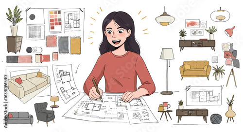 Cheerful Interior Designer Working on a Home Renovation Concept with Layouts