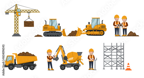Construction equipment and construction workers with white background in a cartoon illustration