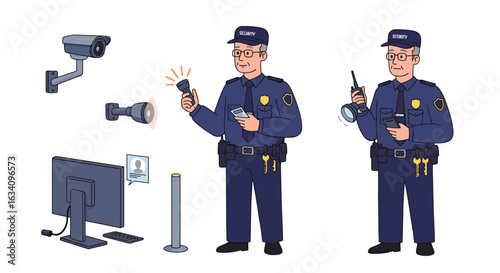 Security guards on duty with CCTV cameras and monitoring, isolated on white