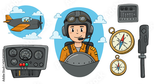 Cartoon Aviator and Airplane Icons with Compass, Control Panel, and Blue Sky