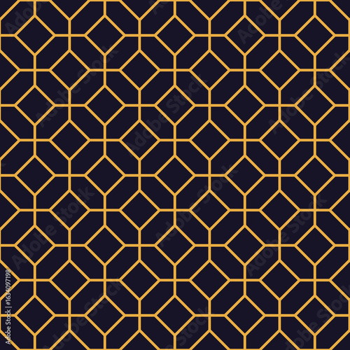 Seamless geometric pattern forming a grid of octagons with gold lines on a dark blue background, ideal for backgrounds, textures, and decorative designs