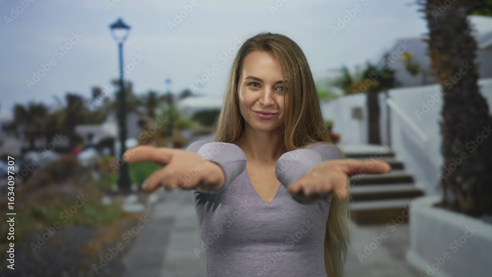 Fototapeta premium Woman pointing camera outdoors showing confidence street city background wearing casual grey shirt smiling afternoon light urban scene.