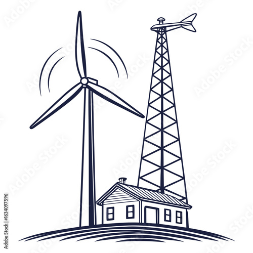 Windmill and tower with house generating renewable energy isolated on white background