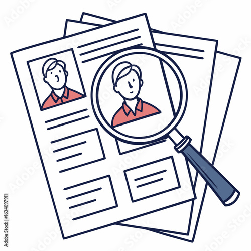 Job search concept with resumes and magnifying glass isolated on white background