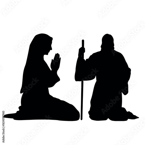 Silhouetted woman kneels in prayer while man kneels with staff in a transparent backdrop