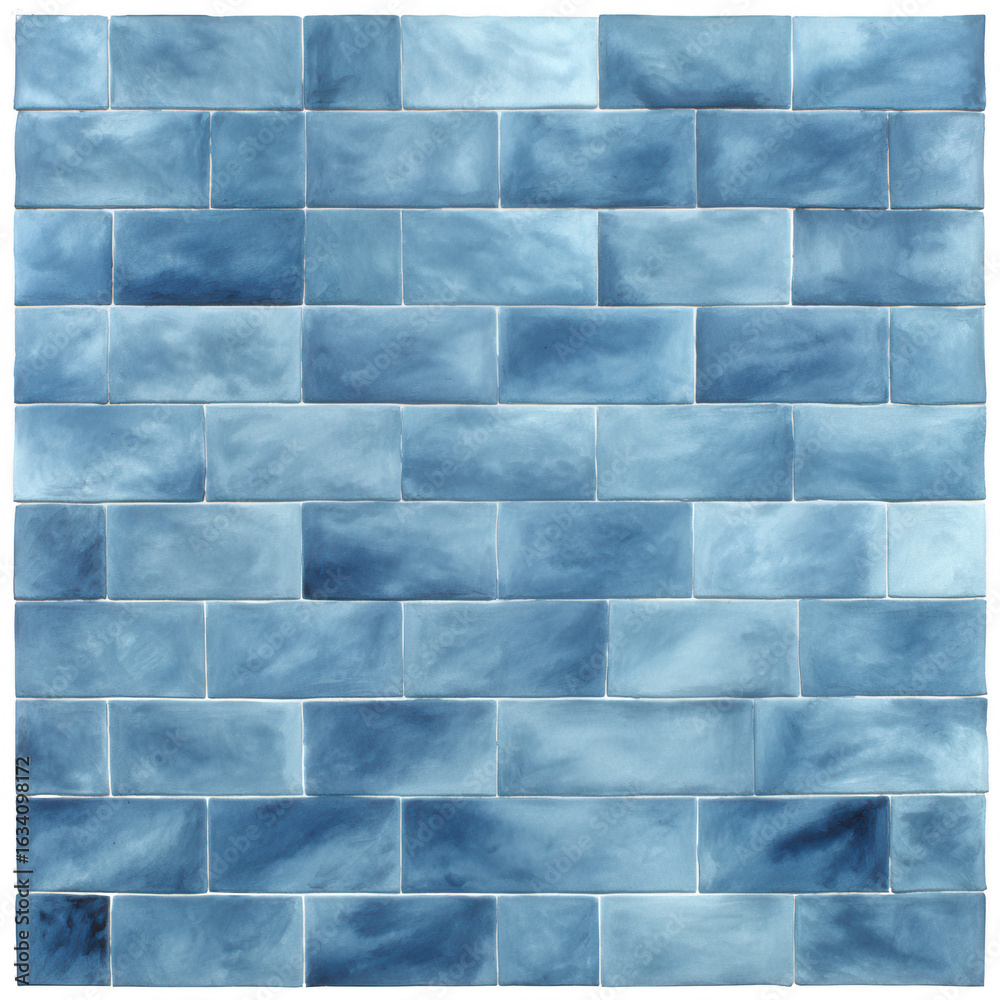 Obraz premium A textured pattern of blue ceramic tiles arranged in a grid layout, perfect for use in backgrounds or design projects, showcasing a cool and calming color palette.