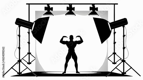 Silhouette of bodybuilder posing under studio lights with backdrop and stands in black and white tone