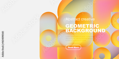 Abstract geometric background features vibrant orange, yellow hues. Text invites viewers explore further with read more button.
