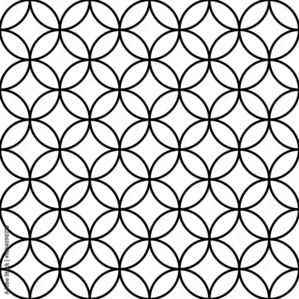 Naklejka premium Intertwined circles create a mesmerizing geometric pattern, forming rhombus shapes in negative space, ideal for backgrounds, textiles, and decorative designs