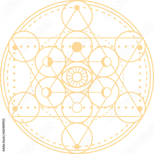 Geometric pattern featuring circles, triangles, and an eye figure, creating a captivating design rich in esoteric and spiritual symbolism for mysticism and sacred geometry projects