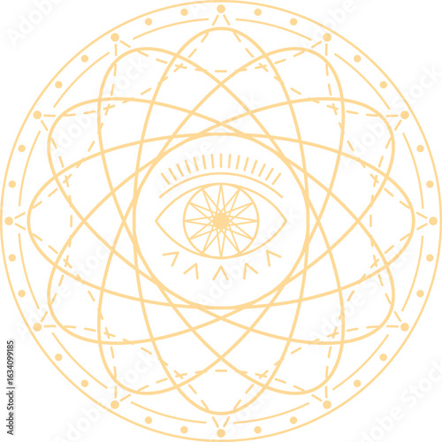 Esoteric vector illustration representing the eye of providence observing rotating atoms in a sacred geometry ornament, evoking concepts of spirituality, alchemy, and universal consciousness