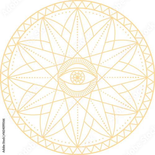 Golden esoteric symbol representing the all seeing eye inside a complex geometric star radiating light, conveying spirituality, mysticism and enlightenment
