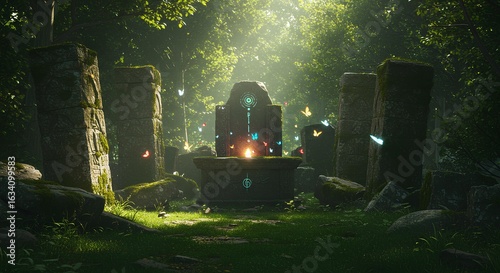 Ancient Stone Structures In A Sunlit Forest With Radiant Lights, Anime Background