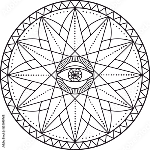 Circular vector graphic design featuring an eye of providence at the center, symbolizing spiritual enlightenment and surrounded by intricate geometric patterns