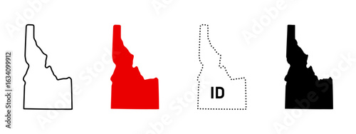Idaho state map icon. US state silhouette in outline, filled, dotted and labeled styles sign. State border and location symbol. American geography pictogram. Regional identity illustration.