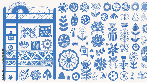 Illustration featuring a bunk bed with pillows and various floral and decorative elements in blue ink style silhouette