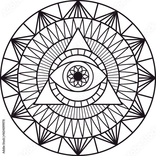 Enclosed within a triangle, the all seeing eye symbolizes providence and omniscience, radiating watchful protection over humanity against intricate geometric mandala patterns