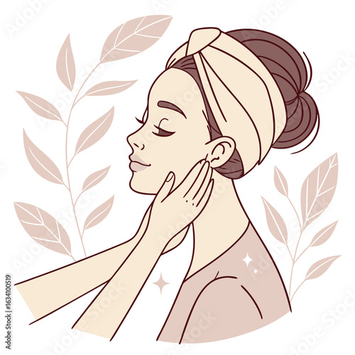 Woman receiving facial massage with spa elements isolated on transparent background