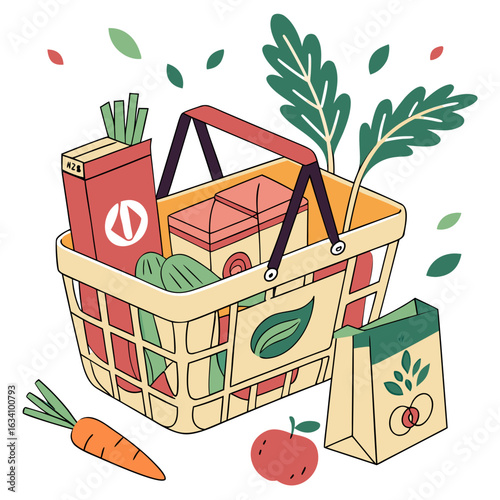 Grocery shopping basket filled with fresh produce and packaged goods isolated on transparent background