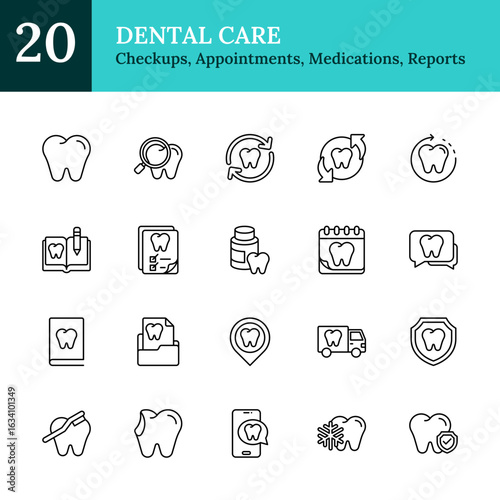 Dental Care Outline Icon Sheet Design Vector - cleaning, tooth replacement, dental protection, appointments, medications, reports, and mobile dental services