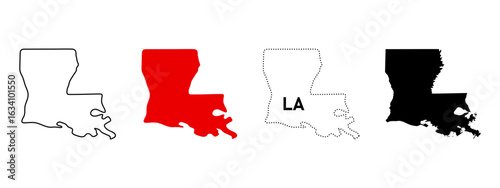 Louisiana state map icon set. US state outline, filled, dotted and labeled versions sign. Southern region shape and geographical border symbol. Baton Rouge capital pictogram. USA map illustration.