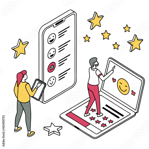 People interacting with digital devices and leaving reviews with stars isolated on transparent background