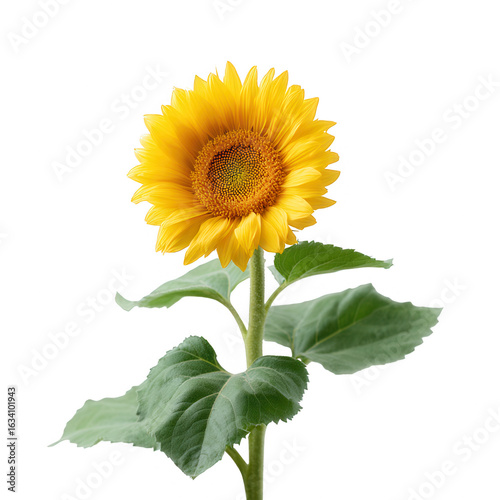 A vibrant sunflower with bright yellow petals and lush green leaves, isolated on a white background, symbolizing happiness and summer.