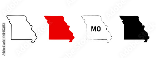 Missouri state map icon set. US state shape in outline, solid fill, dotted contour and MO abbreviation sign. Central Midwest symbol. Jefferson City and St. Louis pictogram. USA map illustration.