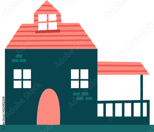 Charming illustration of a suburban house with a distinctive red roof, inviting porch, and a welcoming entryway, creating a cozy and homey atmosphere
