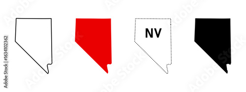 Nevada state map icon set. US state silhouette in outline, solid, dotted line and NV abbreviation sign. Western region symbol. Las Vegas and Carson City pictogram. USA geography illustration.