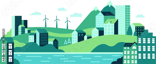 Modern sustainable cityscape using green energy with wind turbines and buildings built near mountains and a lake promoting an ecological lifestyle
