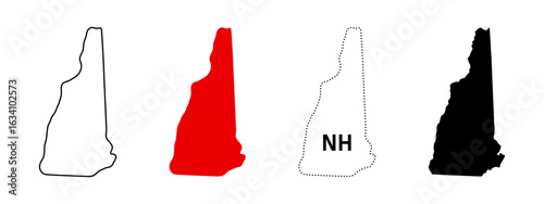 New Hampshire map icon set. State shape shown in outline, solid, dotted line and NH abbreviation sign. USA northeast region symbol. Concord location pictogram. American state map illustration.